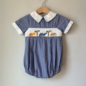 Lil Cactus Blue Gingham Smocked Dinosaur Bubble Jon Jon Size 12-18 Months